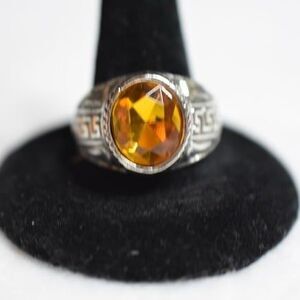 Striking Oval Amber Silve Tone Engraved Band Size 10 Glam Evening Dinner Ring